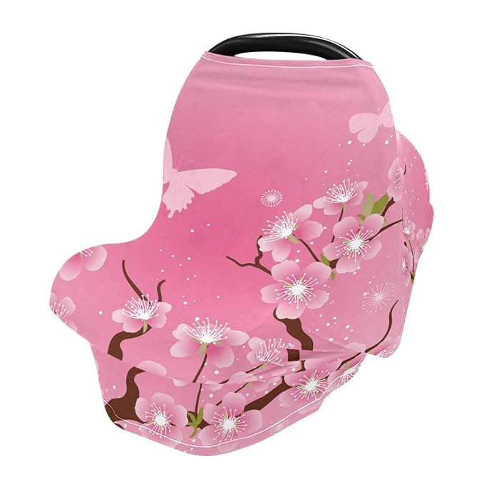 Stylized Cherry Blossom Flowers Baby Car Seat Covers, Nursing Cover Breastfeeding Scarf Soft Breathable Stretchy Coverage, Infant Stroller Cover for Boys Girls