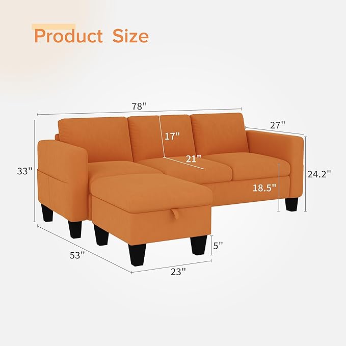 ZeeFu Convertible Sectional Sofa Couch,Classic 3 Seat L-Shaped Sofa Set with Movable Ottoman, Modern Orange Velvet Upholstered Small Sectional Sofa Couch for Small Space Apartment Living Room Office