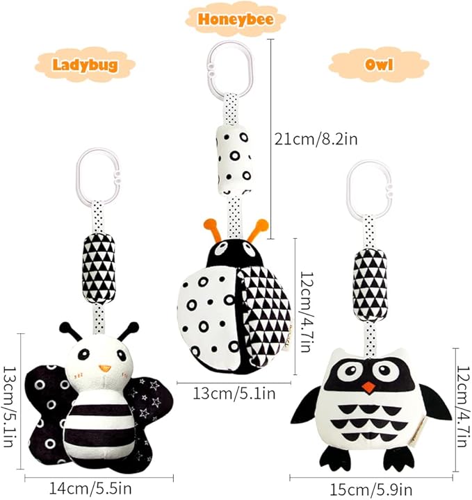 KAKIBLIN Baby Hanging Toy,3 Pack Black and White Baby Toys for 3 6 9 12 Months, High Contrast Hanging Toys,Plush Soft Stroller Rattles Toy for Boys and Girls(21CM, Ladybug,Bee & Owl)
