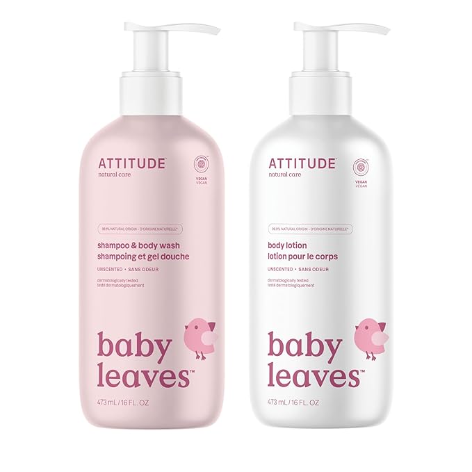 Bundle of ATTITUDE Body Lotion for Baby, EWG Verified, Dermatologically Tested, Plant and Mineral-Based, Vegan, Unscented, 16 Fl Oz + 2-in-1 Shampoo and Body Wash for Baby, Unscented, 16 Fl Oz