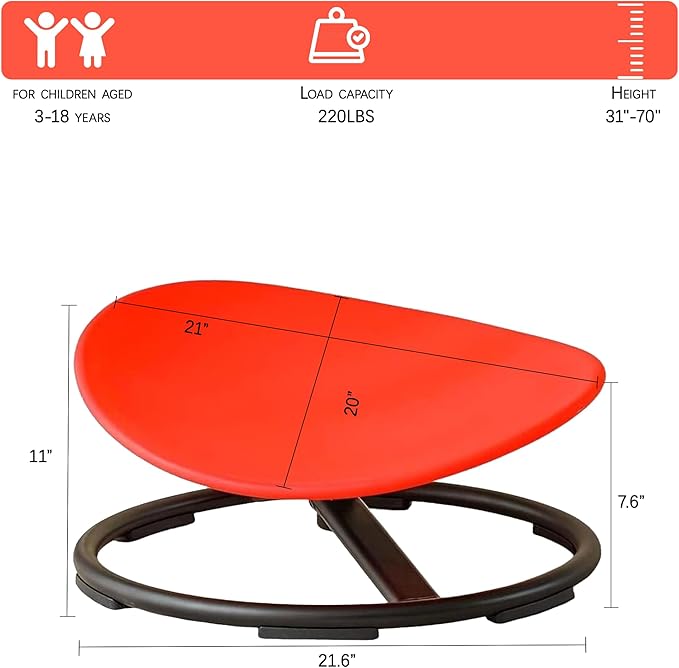 Autism Kids Swivel Chair,Sensory Spinning Chair for Kids,Toddler Spinner seat Carousel Spin Sensory Chair for Kids,Training Body Coordination,Metal Base Non Slip Safer (Red)