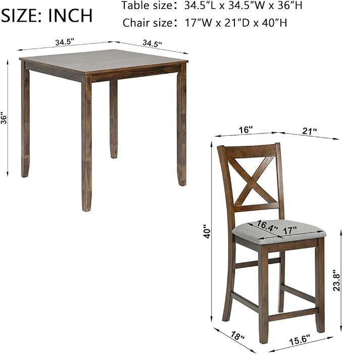 Dining Table Set for 4, Modern 5 Piece Dining Room Table Set with Square Table & 4 X-Shaped Backrest Upholstered Chairs, Counter Height Kitchen Chairs Set for Small Space, Walnut
