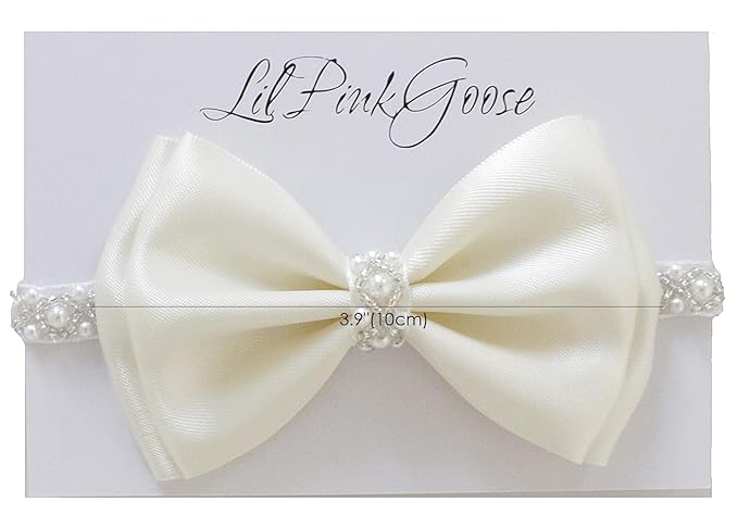 0-12 Newborn Baby Baptism Pearl Headband or Clip with Bow in WHITE Christening Headband with Satin Bow, Pearl Rhinestone Band (Cream(6-12Months), 1 Count (Pack of 1))