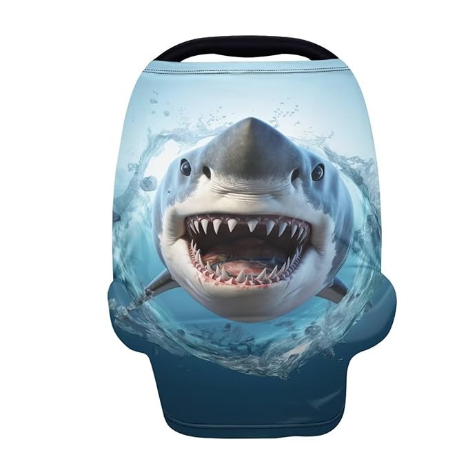 HUIACONG Cool Shark Baby Carseat Cover with 4-in-1 Multi-use for Baby Carseat & Nursing/Versatile Blue Nursing Scarf & Stroller & Feeding high Chair Cover for Baby Boys