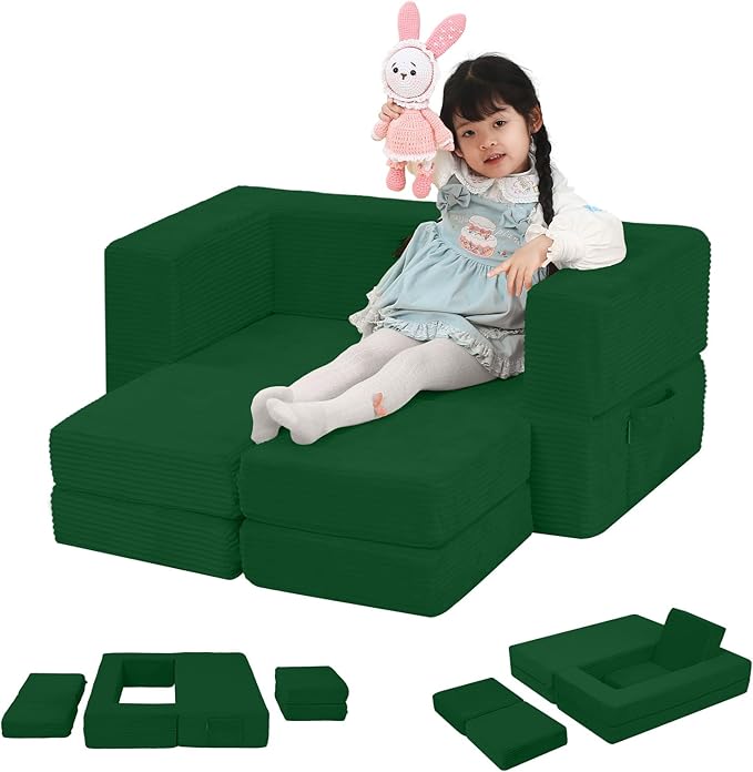 MeMoreCool Modular Kids Couch, Corduroy Play Toddler Couch for Bedroom Playroom Furniture, Convertible Foam Kids Sofa Bed, Fold Out Baby Sofa for Girl Boy, Green