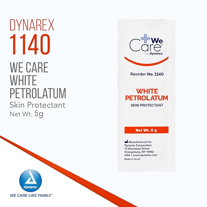 Dynarex White Petrolatum, Petroleum Jelly Ointment to Help Prevent and Treat Skin Irritation, Diaper Rash and Dryness, White, 144 Individual 5 Gram Foil Packs, Dynarex White Petrolatum