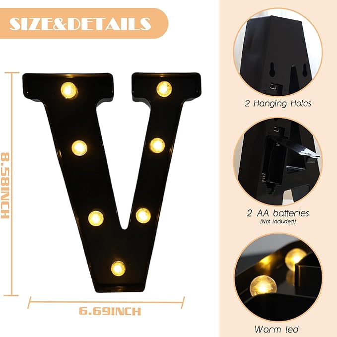 Led Marquee Letters, 8.58 Inch Black Light Up Letters, Small Led Letter Lights, Battery Powered Lighted Letterfor Table, Party, Birthday, Christmas Decor (Black, Letter V)