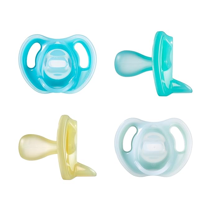 Tommee Tippee Ultra-Light Silicone Pacifier, 6-18 Months, Symmetrical One-Piece Design, BPA-Free Silicone Binkies, Blue/Green/Yellow, Pack of 4