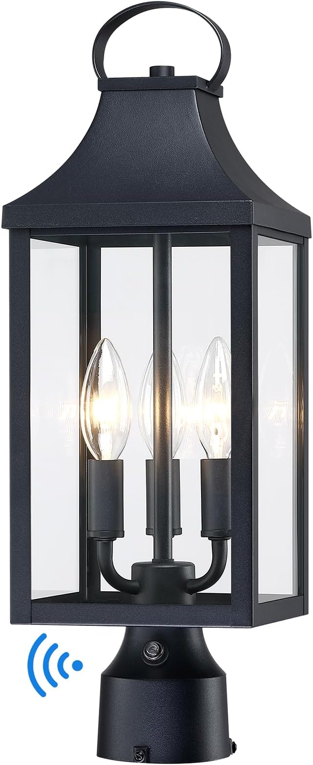 18.62'' Dusk to Dawn Post Light Outdoor, Large 3-Light Lamp Post Light Fixture, Modern Pillar Outside Lighting Waterproof Post Lantern Lamp Outdoor Post Light Fixtures Pole Lights for Porch, 1 Pack