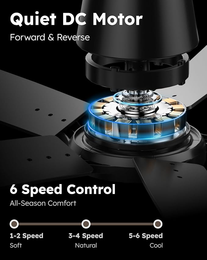52 Inch Ceiling Fans with Lights and Remote, Black Ceiling Fan, Downrod Style with 5 Blades, Modern Design For Indoor Bedroom Living Room/Outdoor, 6 Speed Reversible DC Motor, 3CCT Dimmable LED