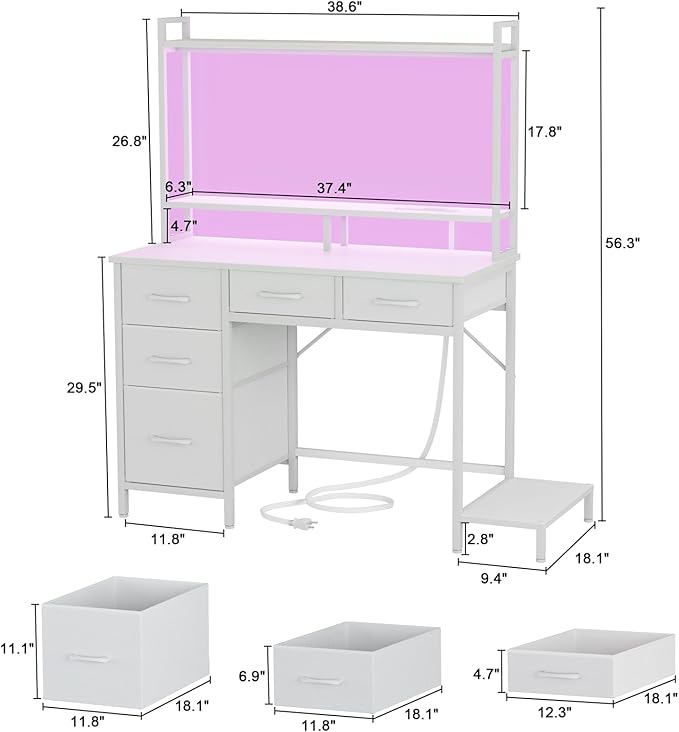 Computer Desk with Hutch, White Gaming Desk with Power Outlets & LED Ligthts & 5 Fabric Drawers, Home Office Desk with 2 Tiers Storage Shelves for Display (White Oak, 39 Inch)