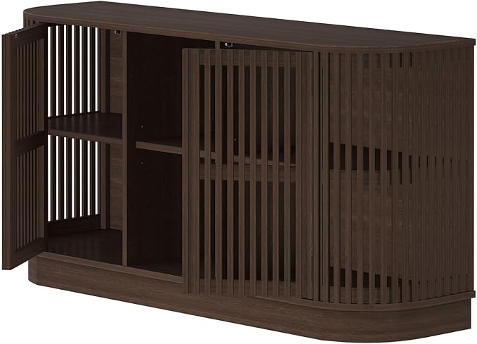 Plank+Beam Contour Wood TV Stand, Two Door Solid Wood Entertainment Console with Storage, 59" L x 16" W x 30" H, Walnut