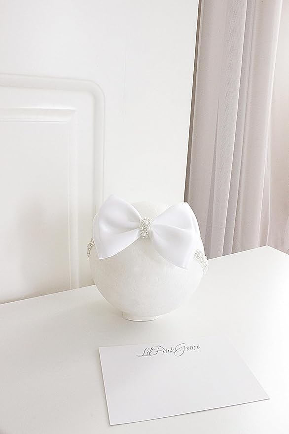 0-12 Newborn Baby Baptism Pearl Headband or Clip with Bow in WHITE Christening Headband with Satin Bow, Pearl Rhinestone Band (Cream(6-12Months), 1 Count (Pack of 1))