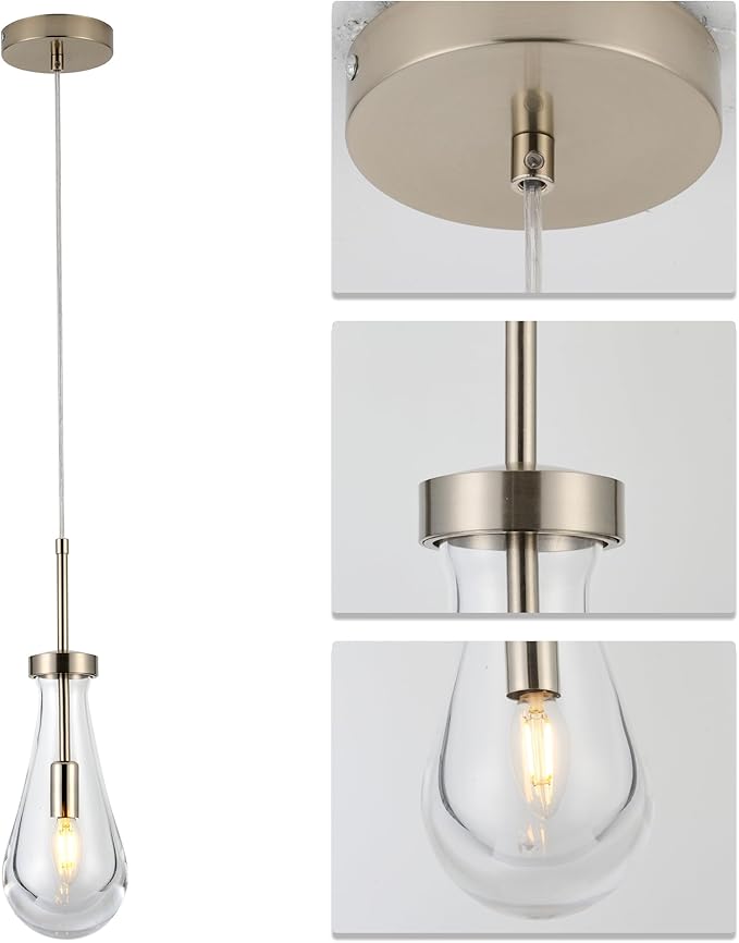 Brushed Nickel Pendant Light Fixtures, Teardrops Pendant Lights,Glass Pendant Lights Kitchen Island,1-Light Raindrop Pendant Lighting, for Kitchen Island,Dining Room,Bedroom, Bathroom