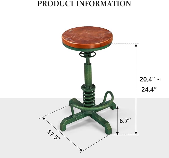 Topower Industrial Retro Vintage Farm Wooden Seat Tractor Stool Kitchen Swivel Height Adjustable bar Stool Antique Green
