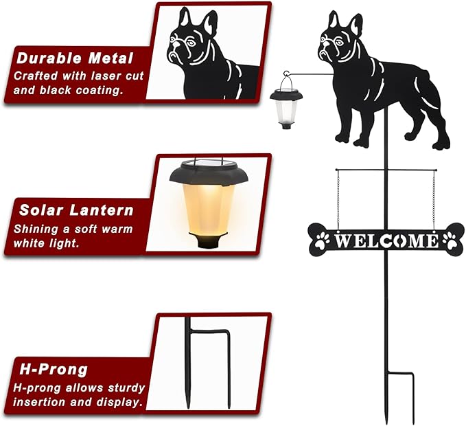 BAYN Solar French Bulldog Silhouette Dog Breed Welcome Sign with a Lantern Outdoor Decorative Garden Stakes for Yard, Lawn, Patio, Pathway