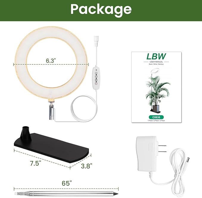 LBW Grow Lights for Indoor Plants, 6.3" Full Spectrum Plant Light with Base, 65" Height Adjustable Grow Lamp, 6/8/12/16H Auto Timer, 3 Colors, 5 Dimmable Levels, for Tall Large Plants, Bamboo Grain