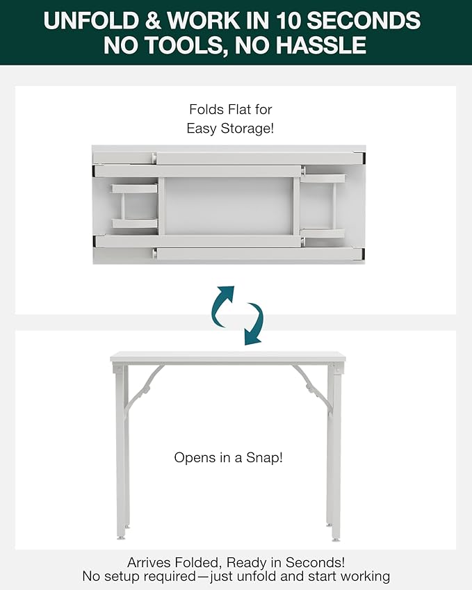 Frylr Small Folding Computer Desk – 35.8 Inch Portable Table for Craft and Study, Lightweight Desk for Small Spaces, Foldable Laptop Table Built-in AC/USB Outlets for Convenience, White