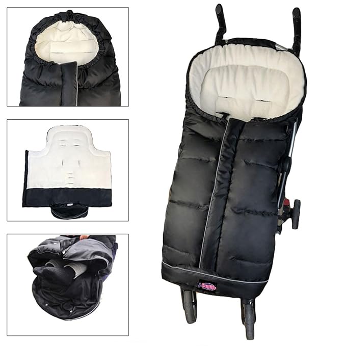 Weather Proof Oudtoor Walking Universal Stroller Bunting Bag with Reflective Strips,Multi-Zippers,Central and Feet Area Opens,Easy for Baby in&Out&Temperature Regulation Footmuff for Stroller,Black