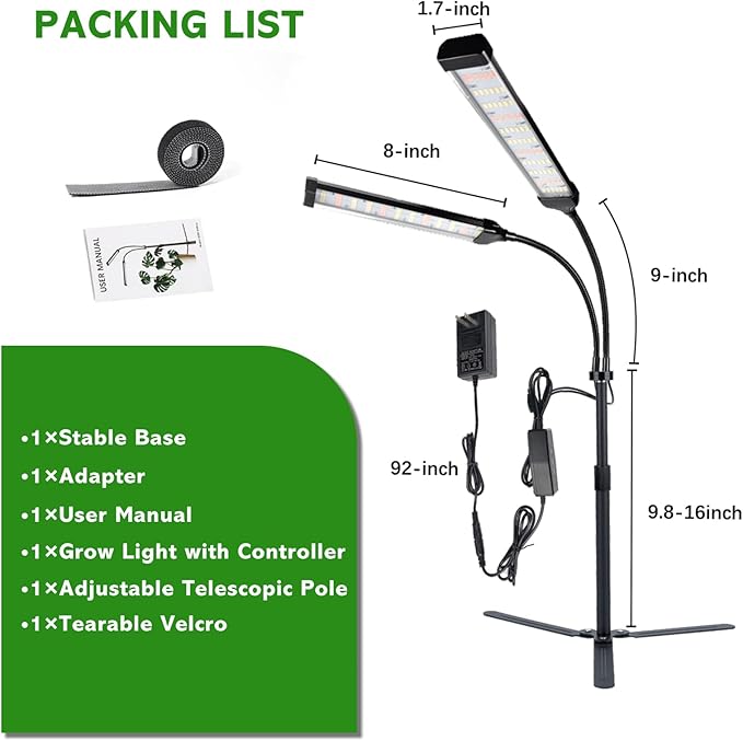 Grow Lights for Indoor Plants, Full Spectrum LED Plant Light Features a Telescoping Rod and a Collapsible Standing Base, Gooseneck, Dimmable, Auto Timer, for Succulents, Houseplants, Seedlings