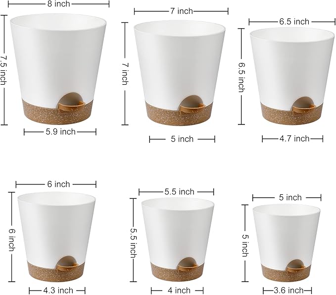 Indoor Self Watering Planters with Drainage Holes and Saucers, 8, 7, 6.5, 6, 5.5, 5 Inches, White, 6 Pots