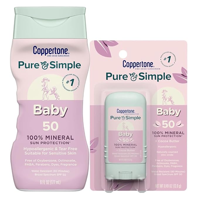 Coppertone Pure and Simple Baby Mineral Sunscreen Lotion SPF 50 (6 Fl Oz) + Baby Sunscreen Stick SPF 50 (0.49 Oz), Hypoallergenic and Fragrance Free