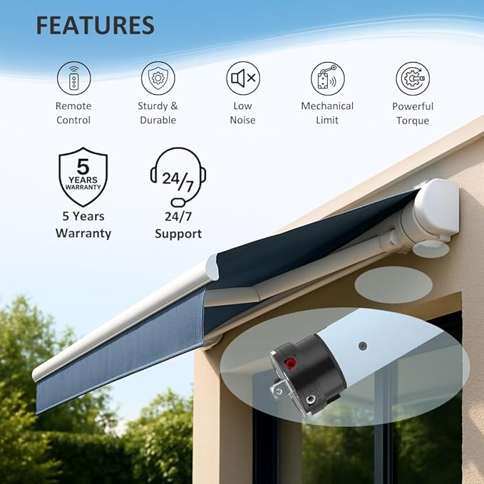 DC24V Motorized Remote Control Roller Shade Motor Kit, 45mm Brushless Electric Blind Motor for Outdoor Awning & Windproof Shades, Heavy Duty Automation (20 N.m for Φ60mm（2-3/8"） Round Tube)