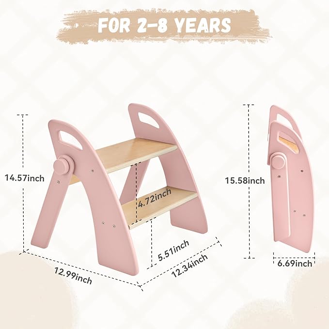 Wooden 2 Step Stool for Kids Bathroom Sink Foldable Anti-Slip 2-Step for Toilet Potty Training, Child Stepping Stool for Kitchen Nursery Bedroom, Sturdy Non Slip Adult Stool for Closet Pink