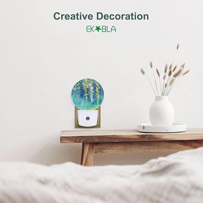 EKOBLA Ivy Plug-in Night Light, Green Floral Ivy & Wisteria Blossom LED Nightlight with Auto Sensor