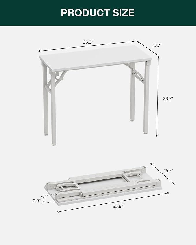 Frylr Small Folding Computer Desk – 35.8 Inch Portable Table for Craft and Study, Lightweight Desk for Small Spaces, Foldable Laptop Table Built-in AC/USB Outlets for Convenience, White