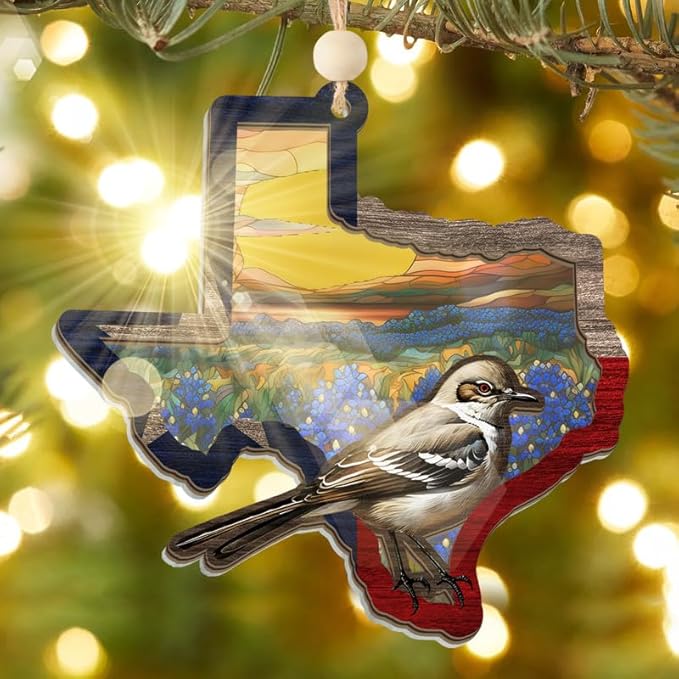 FLAGWIX Christmas Texas Gifts for Women Men - Suncatcher Ornaments for Tree Decorations - Christmas Ornaments Decor Indoor, Texas State Gifts for Family Mom Dad Family Friends, Mockingbird Decoration