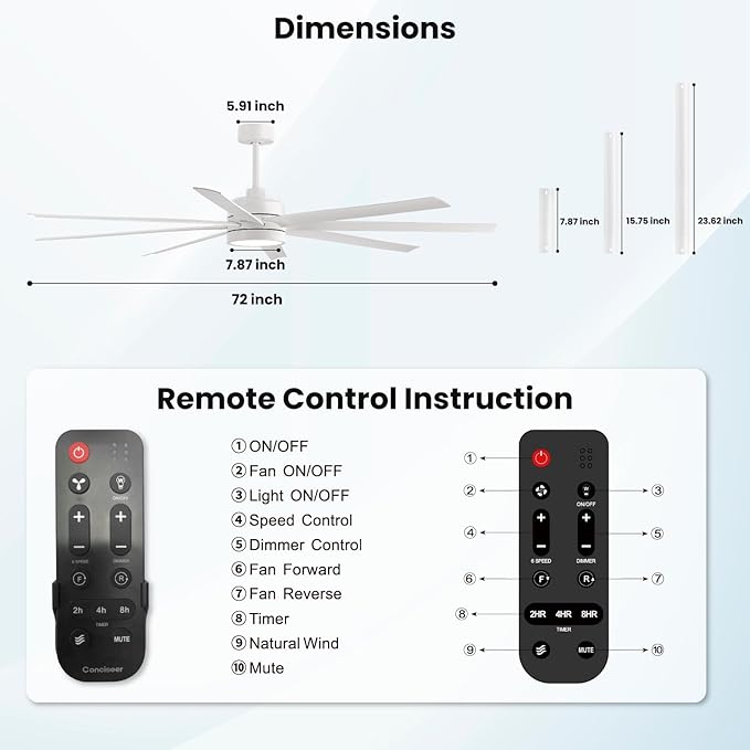 Modern Ceiling Fans with Lights, 72 Inch Ceiling Fan with Remote for Bedroom Living Room Kitchen Library Cafe Outdoor/Industrial Use,24W 3CCT 8 Blades 6 Speed Reversible Quiet DC Motor, White