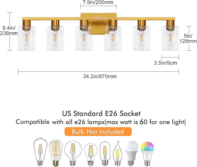 6 Light Bathroom Light Fixtures, Large Gold Bathroom Vanity Light with Clear Glass Shade, Brushed Brass Gold Bathroom Lighting Fixtures Over Mirror, Modern Wall Scones for Bedroom Living Room