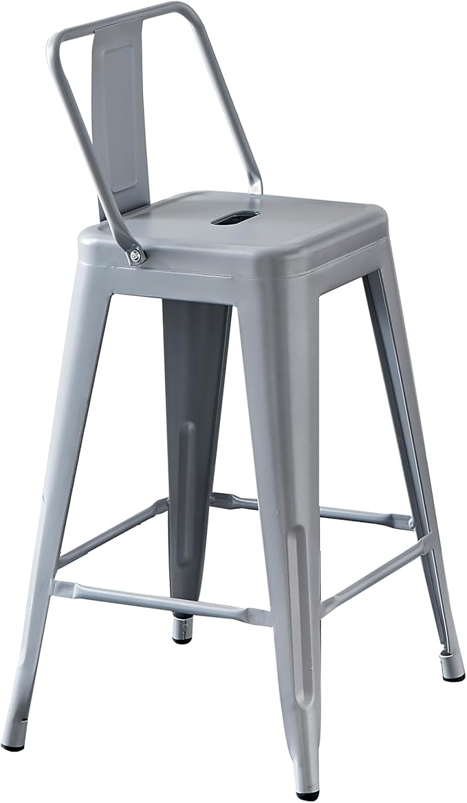 AC Pacific 24” Metal Barstool Set of 2 – Country Rustic Style with Low Back, Lightweight & Sturdy Build, Easy Assembly – Matte Silver