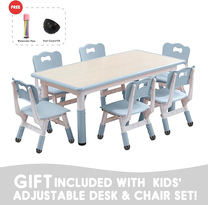 Kids Table and Chairs Set, Height Adjustable Desk With 6 Seats for Ages 3-12,Arts & Crafts Table,Graffiti Desktop, Non-Slip Legs, Max 300lbs, Children Multi-Activity Table for Classrooms,Daycares,Home