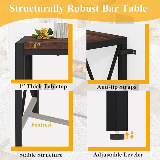 BON AUGURE Bar Table, 55 in Counter Height Pub Tables, Rectangular Tall Behind Couch Sofa Table, High Top Wood Console Tables for Home, Living Room, Kitchen (Rustic Oak, 36.6)