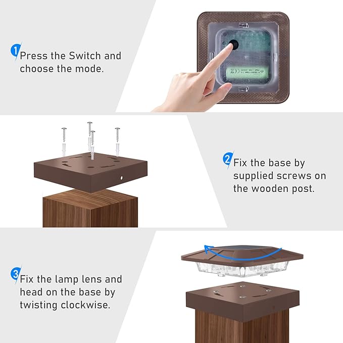 Peasur 4x4 Solar Post Cap Lights Outdoor with 3 Modes, 20 Packs Brown Fence Deck Light Solar Powered Waterproof, Wood/Vinyl Posts Top Lights for Yard Garden Patio Porch Railing Outside