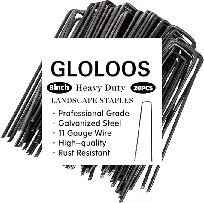 8 inch 20 Pack Black Galvanized Landscape Staples 11 Gauge Garden Stakes Pins Anti-Rust Ground Stakes U-Shaped Tent Stakes are Used for Weed Barrier, Irrigation Tubing, Yard Lawn, Landscape Fabric