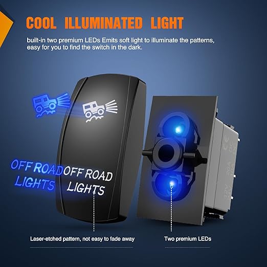 Nilight Off Road Lights Rocker Switch Led Light Bar 5 Pin Laser On SPST Switches 20A/12V 10A/24V Blue with Jumper Wires Set for Cars Trucks Boats ATVs UTVs RVs