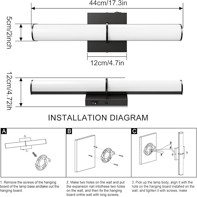 OOWOLF 2Pack 17.3Inch Black Vanity Light Fixture with Switch, 12W 5000K Led Bathroom Light Fixture Over Mirror, Hardwired Wall Light, 1200LM Vanity Light Bar for Mirror Bedroom Hallway Living Room