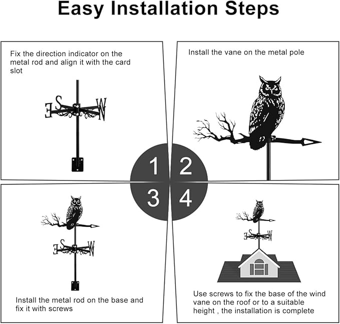 Metal Rooster Shape Weathervane, Roof Mount Weather Chicken Wind Vane Direction Indicator,Outdoor Scene Garden Chicken Weather Vane Ornament for for Shed Farmhouse Patio Decor(Owl)