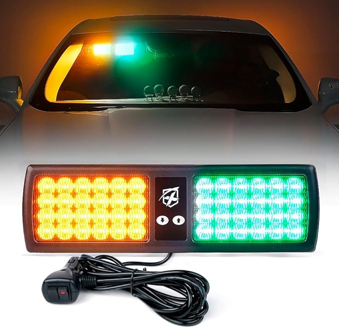 Xprite Amber Green 48LED Visor Strobe Flashing Lights Interior Windshield Sunshield Emergency Warning Lights for Police Volunteer Firefighter Vehicles Trucks