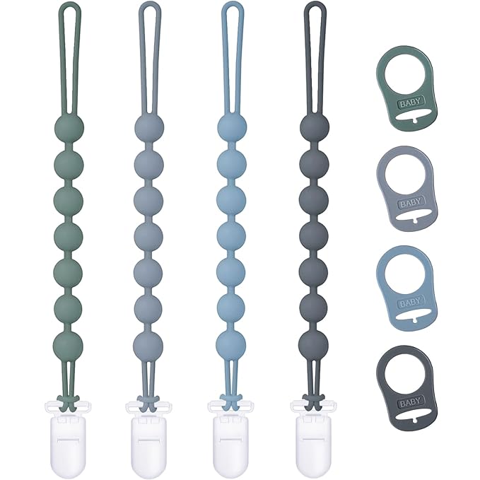 4-Pack Silicone Pacifier Clip with Adapter Ring Fits MAM Dummy, Soft Flexible Binky Holder for Button-Style Maam Dummies, Anti-Loss Paci Clips for Baby Boys, Xmas Gifts Baby Shower Essentials