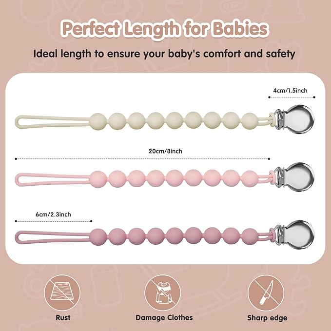 Pacifier Clips for Baby Girl Boy, Silicone Binky Holder for MAM Pacifiers, Baby Newborn Essentials Shower Birthday Gift (4-Pack)