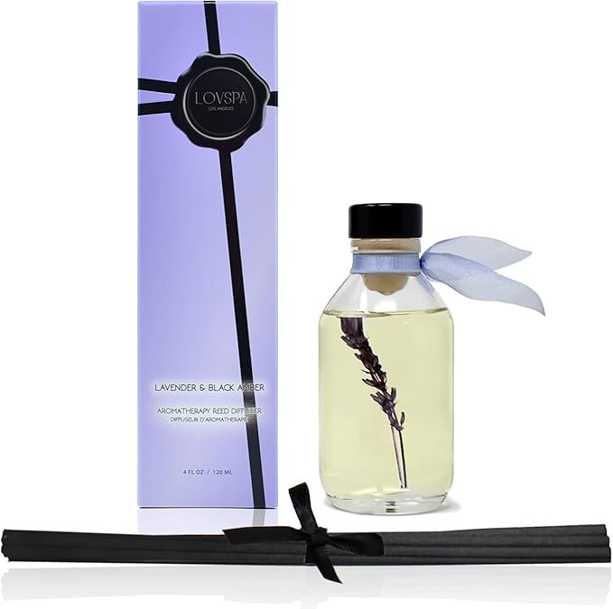 LOVSPA Reed Diffuser Set, Lavender & Black Amber Scented Oil Diffuser with Sticks, Home Fragrance Accessories for Bathroom Shelf Decor, Aroma Diffusers for Home or Office Desk, USA Made