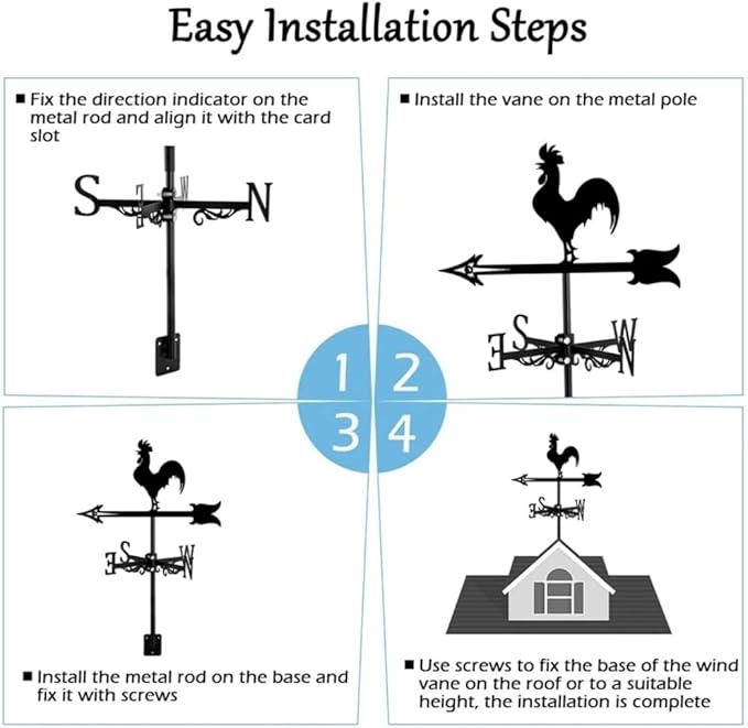 Rooster Weathervane Silhouette Art Black Metal Cock Wind Vanes Indicator Kit Outdoor Bracket for Garden Roof Yard Building (G)