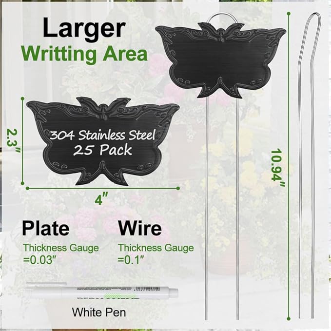 Metal Plant Labels, Tall Outdoor Butterfly Garden Markers for Flowers, Fruits and Vegetables, 304 Stainless Steel Weatherproof Signs (25 Packs, 4" x 2.3", Black Butterfly Design)