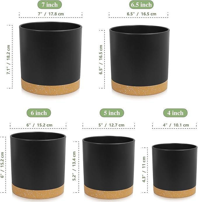 5 Pack Cylindrical Flower Pots with 7/6.5/6/5/4 inch, Modern Small Plastic Plant Pots with Drainage Holes & Saucers, Round Planter Pots for Outdoor, Indoor & Office Decor (Black Brown)