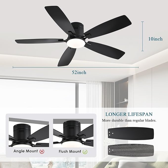 Ayaoty Ceiling Fans with Lights, 52 inch Low Profile Ceiling Fan with Light and Remote Control, Flush Mount, Reversible Motor, Dimmable, Noiseless, Black Ceiling Fan for Bedroom, Indoor/Outdoor Use