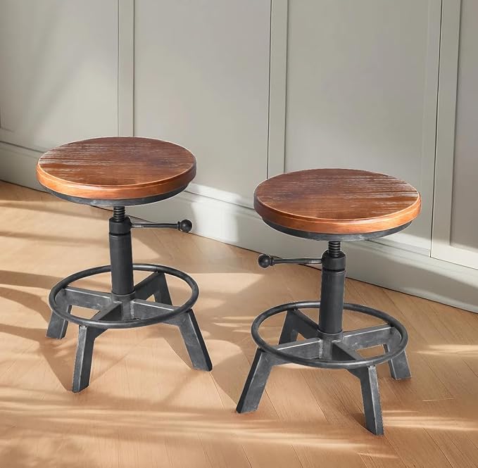 Set of 2-Industrial Bar Stool-Counter Height Chairs- Swivel Wooden Seat- Adjustable 15.2-21"